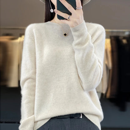 LVSANW Women's 100% Beautiful Wool Round Neck Top Fashion Versatile Knitted Loose Long Sleeve Pullover Thin Sweater Yuan Ling