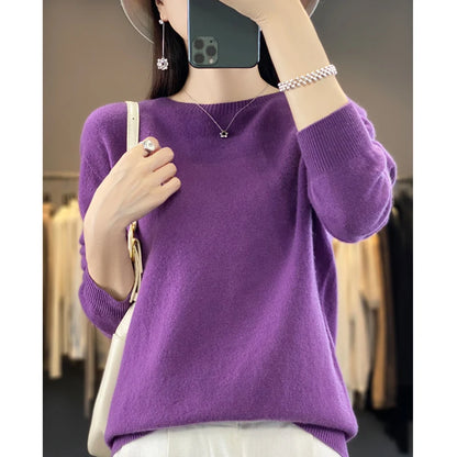 LVSANW Women's 100% Beautiful Wool Round Neck Top Fashion Versatile Knitted Loose Long Sleeve Pullover Thin Sweater Yuan Ling