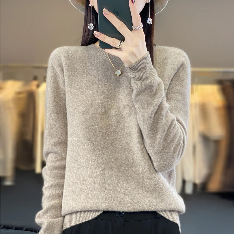 LVSANW Women's 100% Beautiful Wool Round Neck Top Fashion Versatile Knitted Loose Long Sleeve Pullover Thin Sweater Yuan Ling