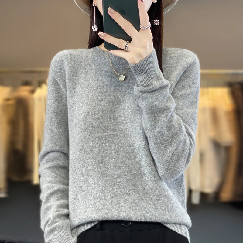 LVSANW Women's 100% Beautiful Wool Round Neck Top Fashion Versatile Knitted Loose Long Sleeve Pullover Thin Sweater Yuan Ling