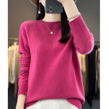 LVSANW Women's 100% Beautiful Wool Round Neck Top Fashion Versatile Knitted Loose Long Sleeve Pullover Thin Sweater Yuan Ling