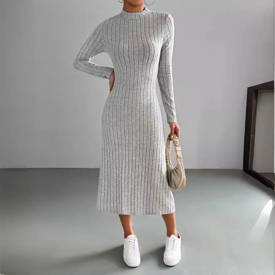 LVSANW Women's 2024 autumn new casual mid length dress, European and American slim fit solid color knitted long sleeved dress