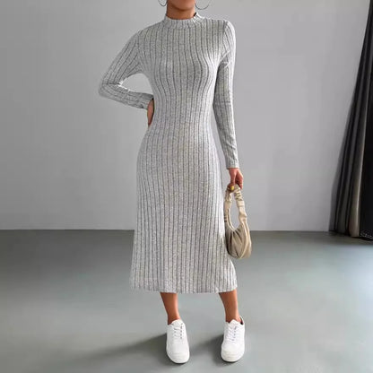 LVSANW Women's 2024 autumn new casual mid length dress, European and American slim fit solid color knitted long sleeved dress