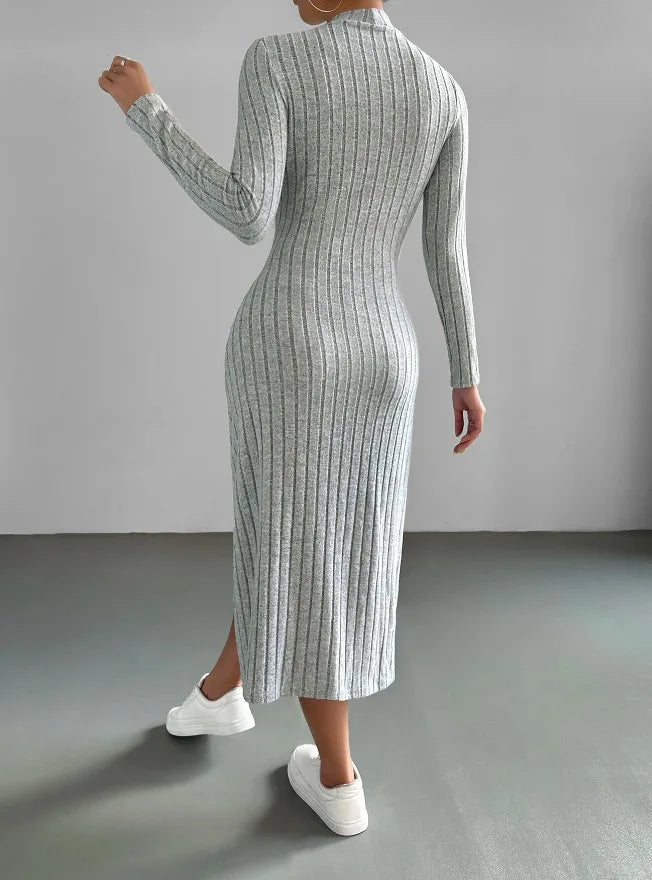 LVSANW Women's 2024 autumn new casual mid length dress, European and American slim fit solid color knitted long sleeved dress