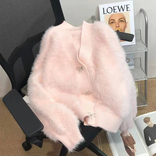 LVSANW Women's Artificial Mink Fur Sweater Coat Autumn Winter New V-Neck Bow Single Breasted Cardigans Gentle Elegant Warm Knitwear