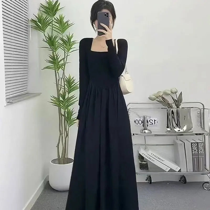 LVSANW Women's Autumn Fashion Simplicity Solid Color Square Collar Long Sleeve Dresses Women Clothes Elegant Temperament Long Dress