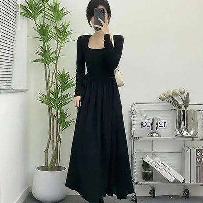 LVSANW Women's Autumn Fashion Simplicity Solid Color Square Collar Long Sleeve Dresses Women Clothes Elegant Temperament Long Dress