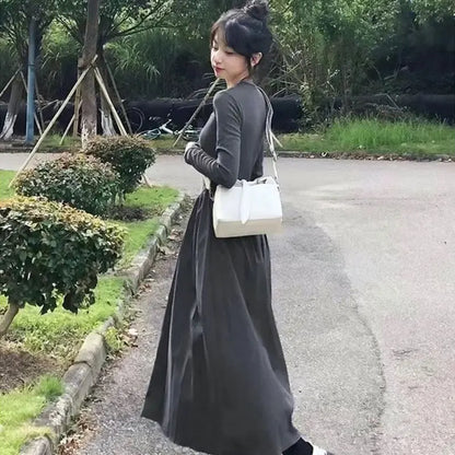 LVSANW Women's Autumn Fashion Simplicity Solid Color Square Collar Long Sleeve Dresses Women Clothes Elegant Temperament Long Dress