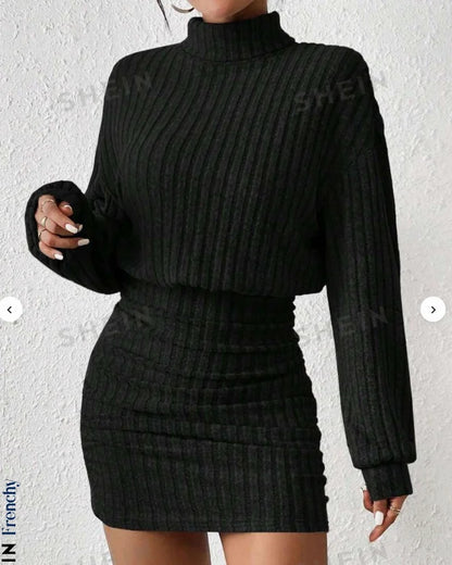 LVSANW Women's Autumn Winter Fashion High Neck Knitted Sweater Dress Female Casual Solid Loose Long Sleeve Warm Mid Length Dresses