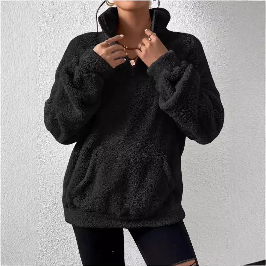 LVSANW Women's Autumn and Winter New Korean Version of Fashion Loose Plush Stand Collar Zipper Pullover Hoodie Casual Top Thick S-XL