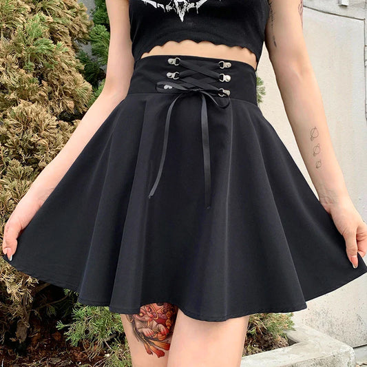 LVSANW Women's Basic Versatile Flared Casual Mini Skater Skirt High Waisted School Goth Punk Black Skirt Harajuku