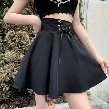 LVSANW Women's Basic Versatile Flared Casual Mini Skater Skirt High Waisted School Goth Punk Black Skirt Harajuku