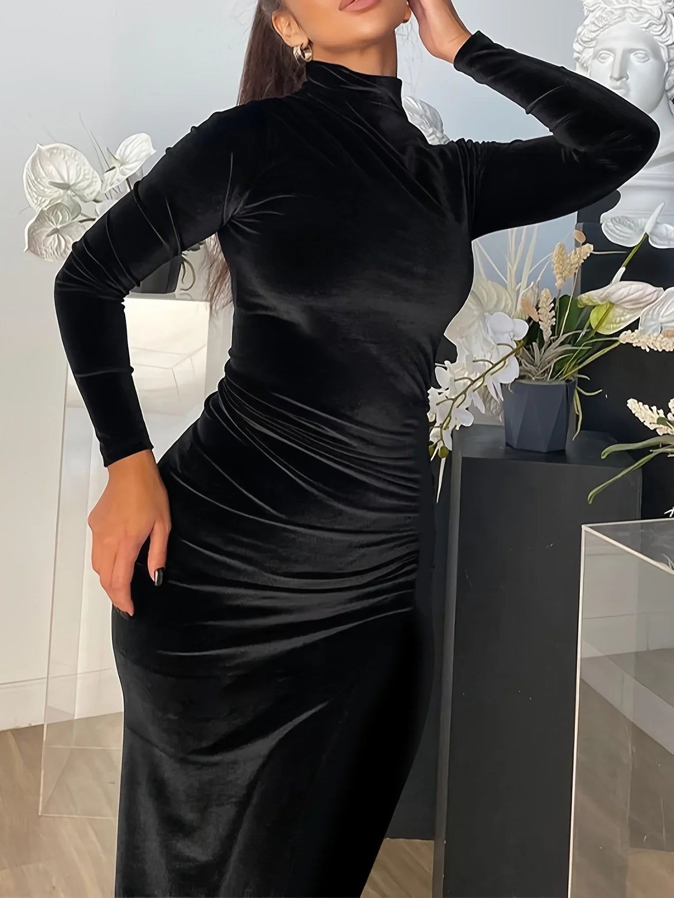 LVSANW Women's Black Dress Long Sleeve Dress Half High Collar Sexy High Tight Velvet Sheath Dress Evening Party Elegant Vestido Robe