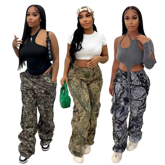 LVSANW Women's Casual Fashion Camouflage Printing Cargo Pants T23318 European American Style One Piece Agent Shipping