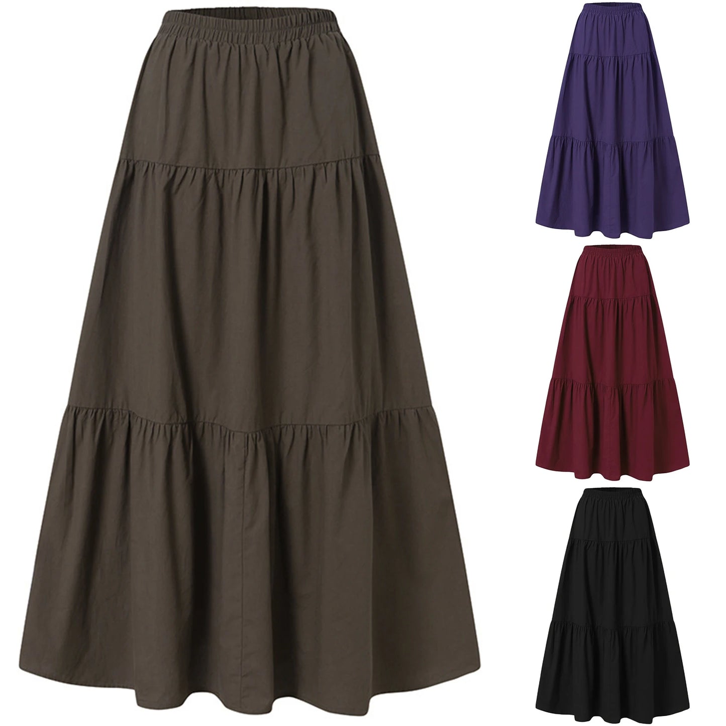 LVSANW Women´s Casual Long Skirts Solid Color Pleated Big Hem Elastic Waist Loose Fit Skirts Simple Style Bottoms