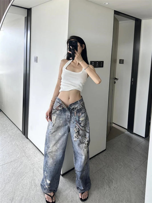 LVSANW Women's Chain Hanging Pendant Print Unisex Jeans Cool Girl Street Fashion Vintage Pant Female High Waist Straight Denim Trousers