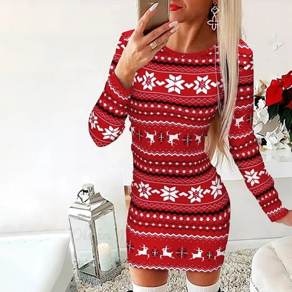 LVSANW Women's Christmas Bodycon Dress Slim Fit Snowflake Printed Round Neck Long Sleeve Hip Wrap Dress New Year Winter Party Clothes