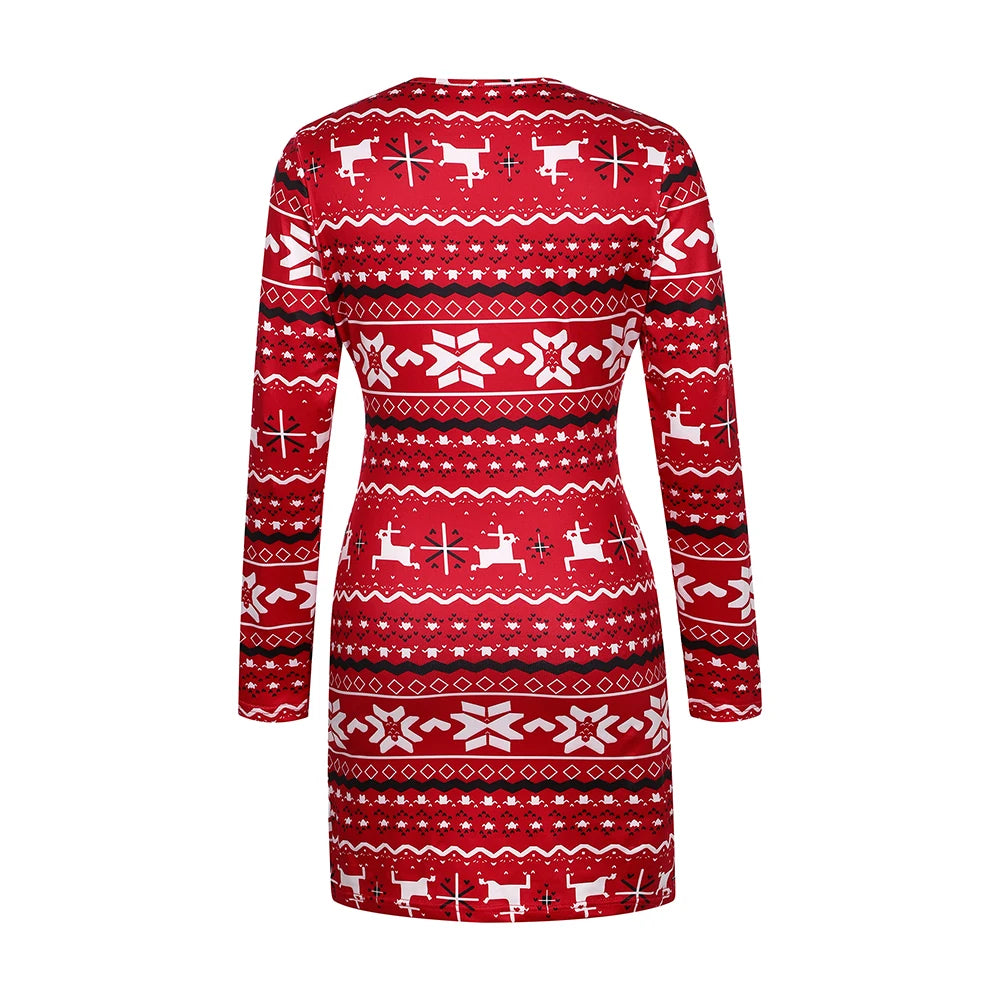 LVSANW Women's Christmas Bodycon Dress Slim Fit Snowflake Printed Round Neck Long Sleeve Hip Wrap Dress New Year Winter Party Clothes