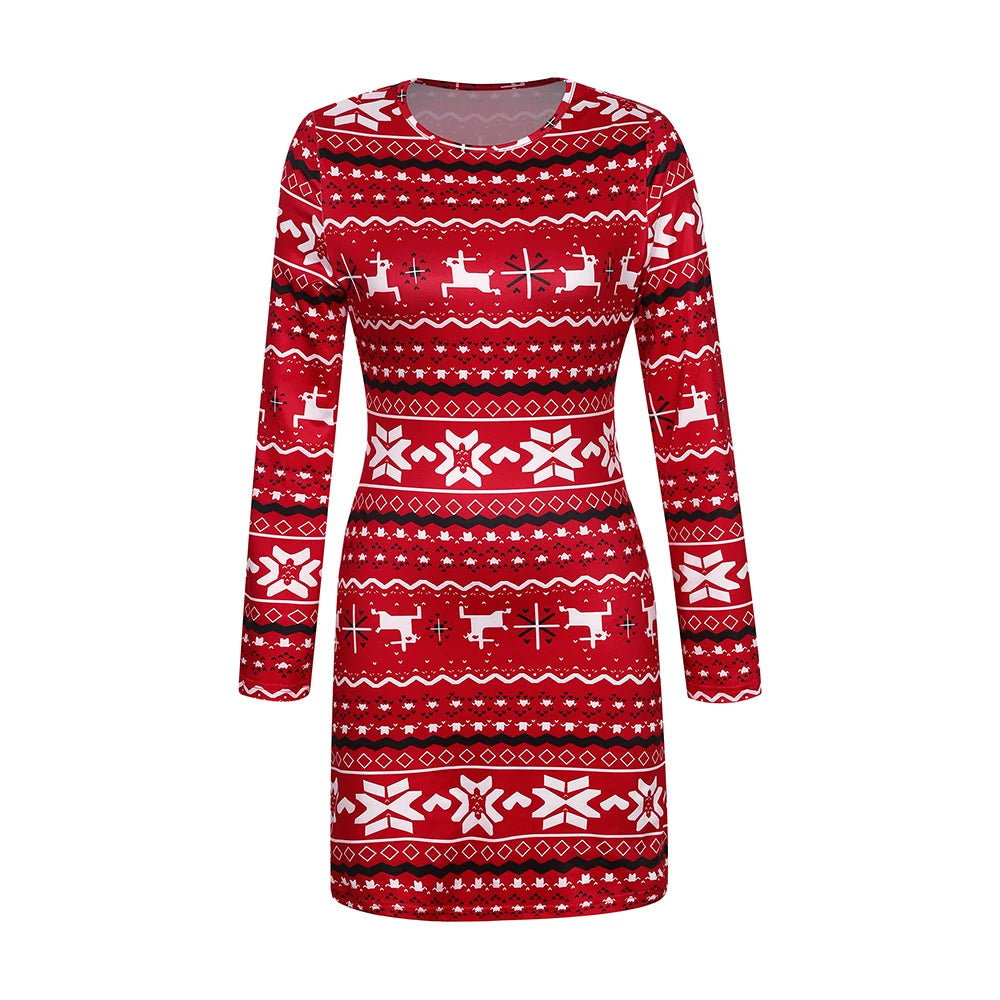 LVSANW Women's Christmas Bodycon Dress Slim Fit Snowflake Printed Round Neck Long Sleeve Hip Wrap Dress New Year Winter Party Clothes