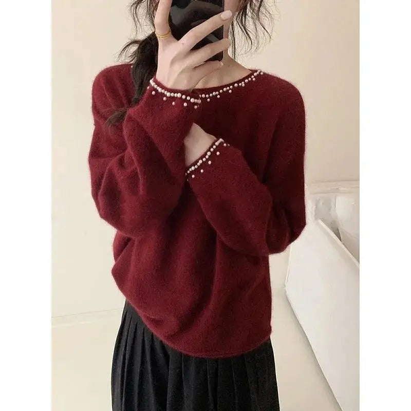 LVSANW Women's Clothing Autumn Winter Round Neck Embroidered Flares Solid Color Pullover Long Sleeve Sweater Knitted Office Lady Tops