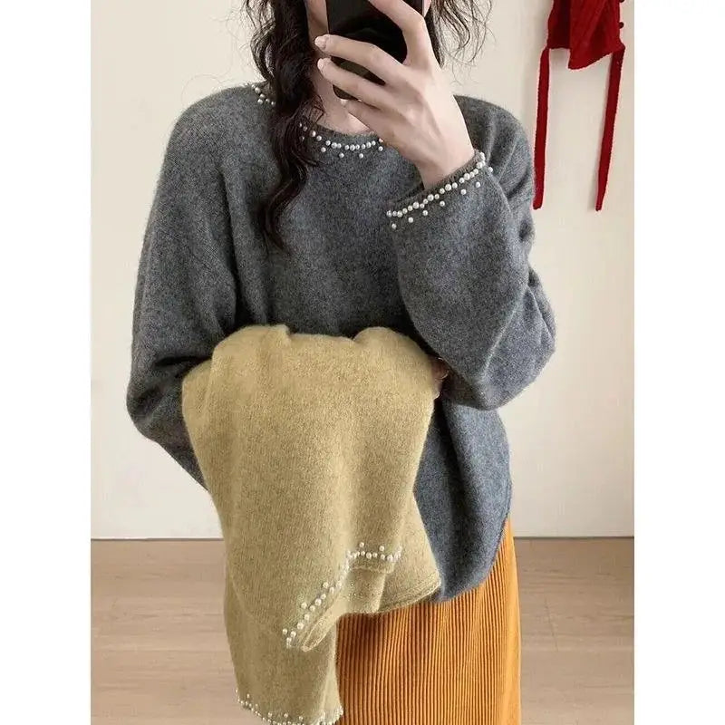 LVSANW Women's Clothing Autumn Winter Round Neck Embroidered Flares Solid Color Pullover Long Sleeve Sweater Knitted Office Lady Tops