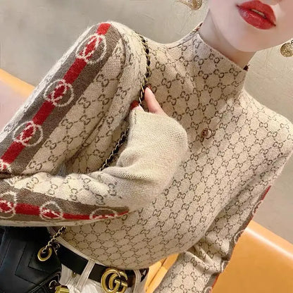 LVSANW Women's Clothing Elegant Fashion Letter Knit Pullover Autumn All-match Slim Long Sleeve Half High Collar Pullovers Lady Chic Top