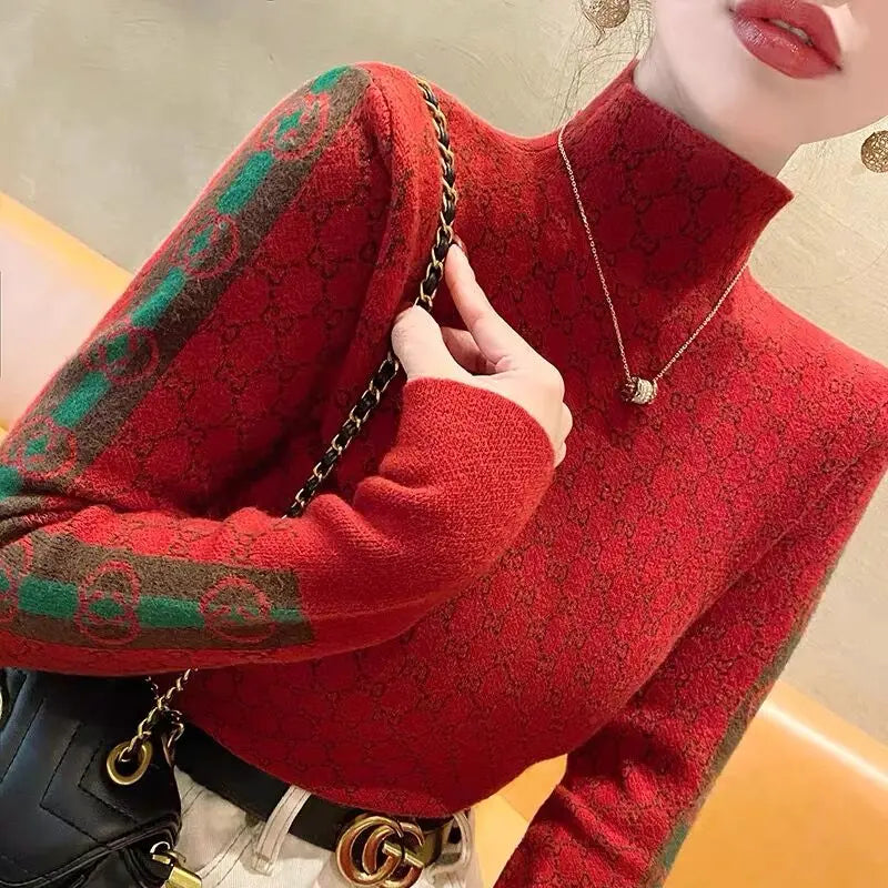 LVSANW Women's Clothing Elegant Fashion Letter Knit Pullover Autumn All-match Slim Long Sleeve Half High Collar Pullovers Lady Chic Top