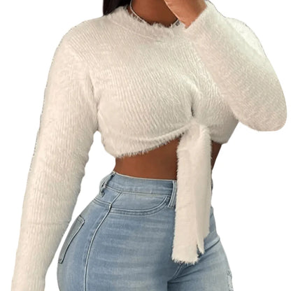 LVSANW Women's Crop Top Sweater Fashion Female O-Neck Long Sleeve Pullover 2025 New Soft White Temperament Casual Knitted Sweater