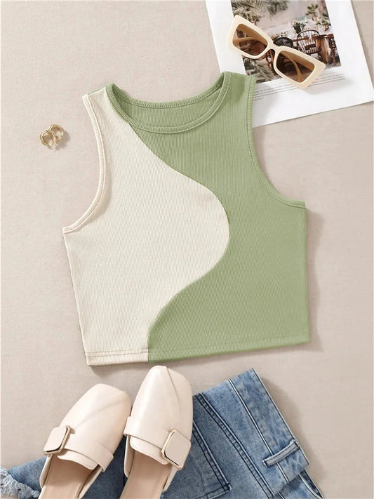 LVSANW Women's Cute Preppy Style Patchwork Tank Top Summer Crewneck Sleeveless Bodycon Crop Tops Y2K Clothes Streetwear Baby Tee Vest