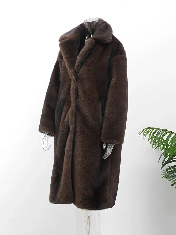 LVSANW Women's Dark Brown Faux Fur Long Overcoat Single Breasted Fleece Long Trench Coat Winter Fluffy Plush Warm New Thicken Outerwear