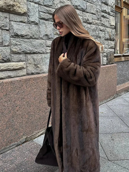 LVSANW Women's Dark Brown Faux Fur Warm Long Coat Single Breasted Oversized Thickened Overcoat Winter Fluffy Plush Female Outerwear