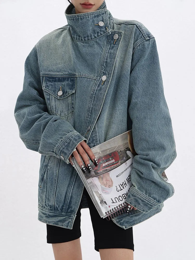 LVSANW omen's Denim Coat Turtleneck Single Breasted Full Sleeve Patchwork Versatile Jacke Fashion Autumn Streetwear Denim Overcoat