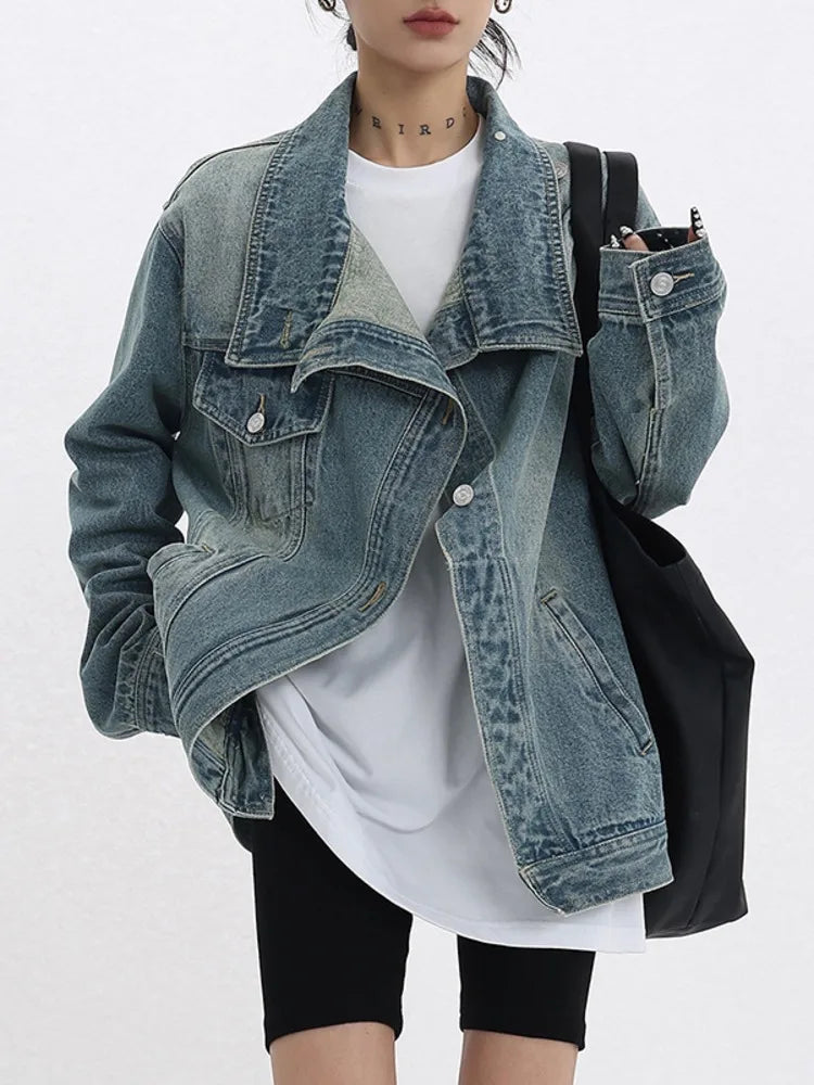 LVSANW omen's Denim Coat Turtleneck Single Breasted Full Sleeve Patchwork Versatile Jacke Fashion Autumn Streetwear Denim Overcoat