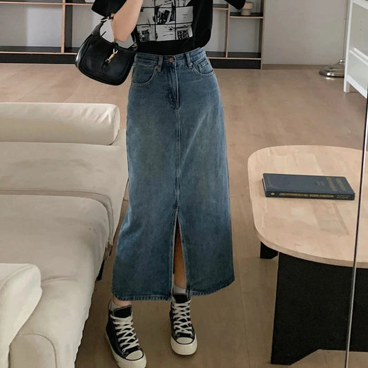 LVSANW Women's Denim Wrap Skirts Retro High Waisted Split A-Line Denim Skirt Autumn Fashion Straight Skirt Female