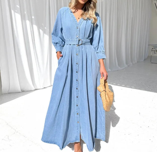 LVSANW Women's Dress 2025 Autumn Winter Latest Solid Color V-Neck Bubble Sleeve Lace Up Waist Cinching Casual Button Denim Long Skirt