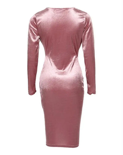 LVSANW Women's Dress Elegant Luxury Party Cocktail Dress Fashion Sexy Solid Color Velvet Long Sleeve Plunge Ruched Bodycon Midi Dress