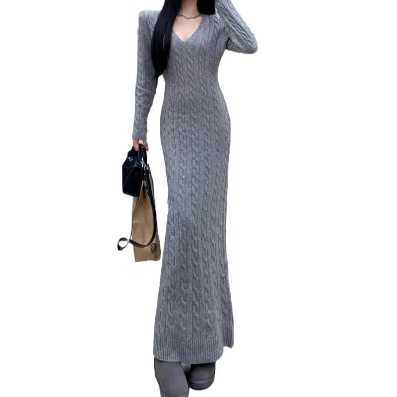 LVSANW Women's Dresses 2025 Trend French V-neck Twist Knit Dress Fashion Waist Slim Long Sweater Dress