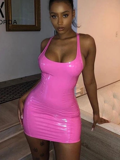 LVSANW Women's Elegant Barbie Pink Square Neck Short Package Hip Leather Dress Women Women Sexy Halter Dresses