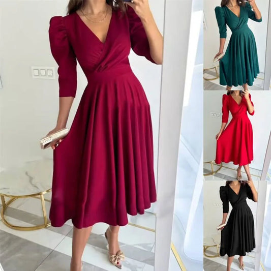 LVSANW Women's Fashion Commuter Solid Color V-Neck Waist Dress  Ladies Summer Puff Sleeve Big Swing Dresses