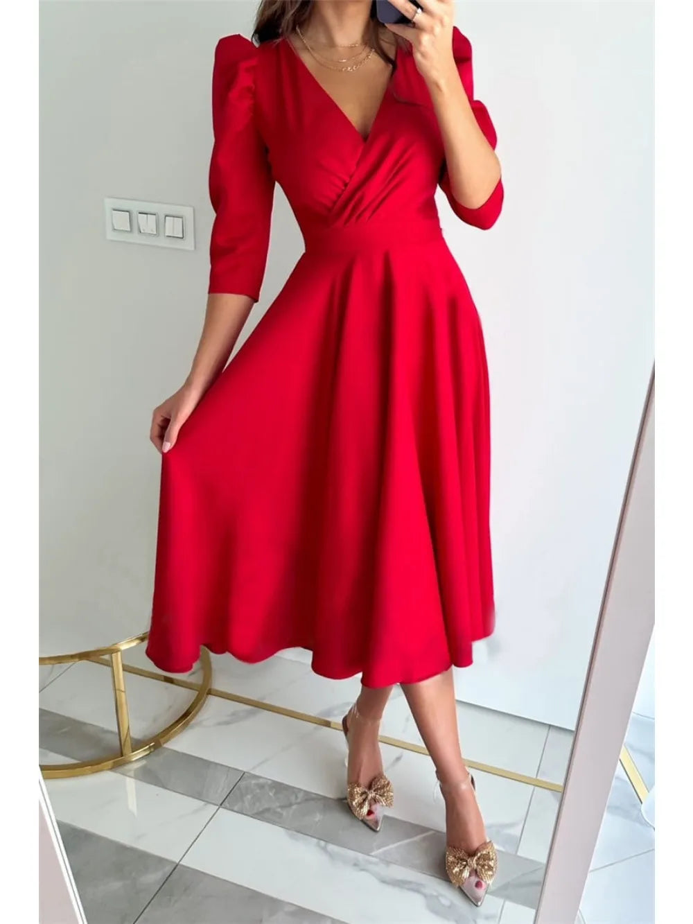 LVSANW Women's Fashion Commuter Solid Color V-Neck Waist Dress  Ladies Summer Puff Sleeve Big Swing Dresses