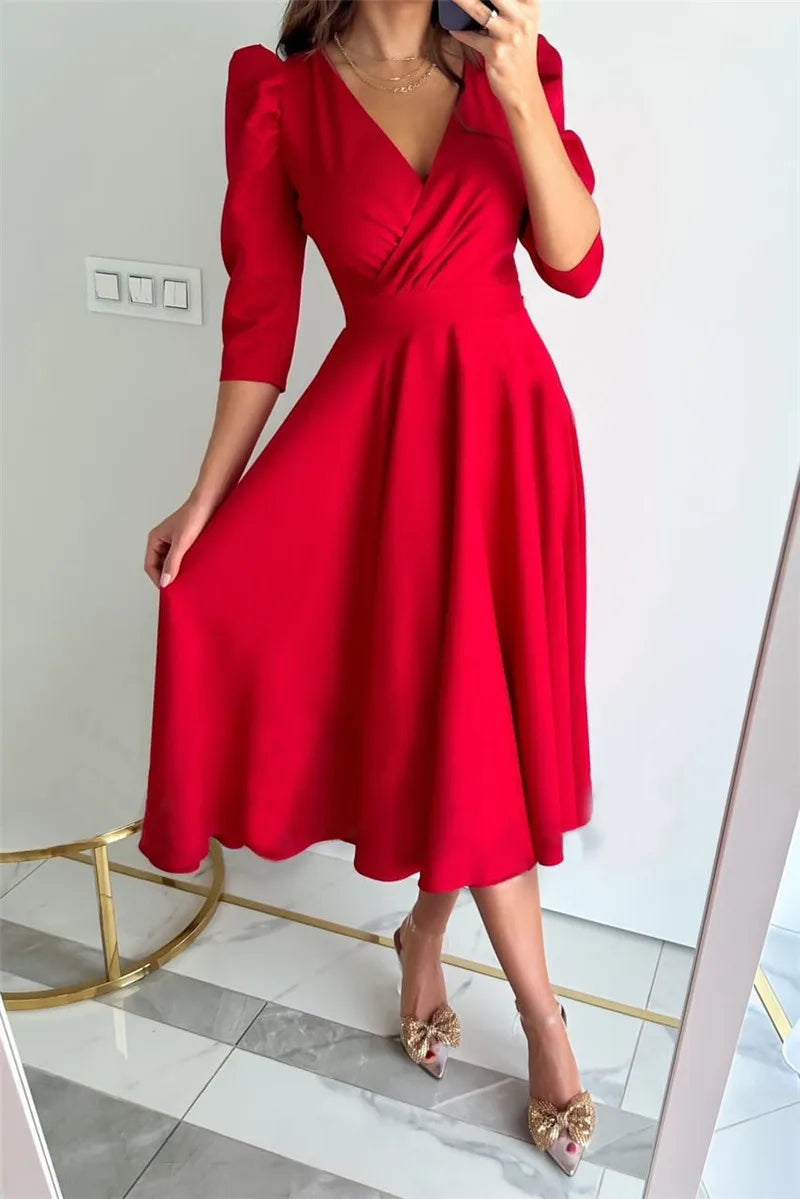 LVSANW Women's Fashion Commuter Solid Color V-Neck Waist Dress  Ladies Summer Puff Sleeve Big Swing Dresses