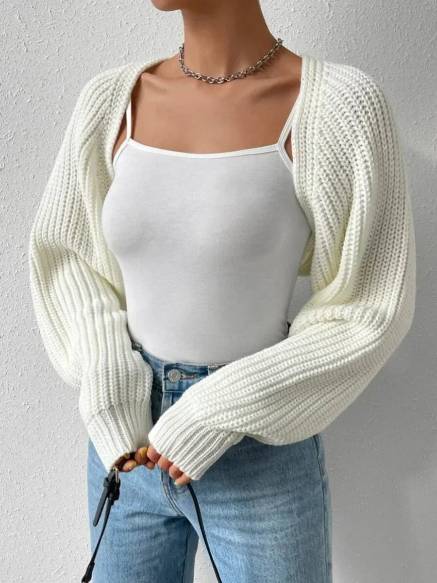 LVSANW Women's Fashion Open Front Crochet Cardigan Casual Long Sleeve Solid Color Sweater Ribbed Knit Shrug Sweater Bolero Tops