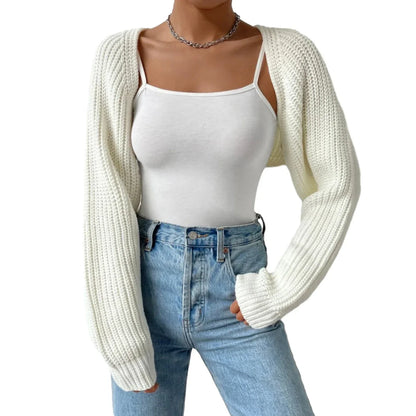 LVSANW Women's Fashion Open Front Crochet Cardigan Casual Long Sleeve Solid Color Sweater Ribbed Knit Shrug Sweater Bolero Tops