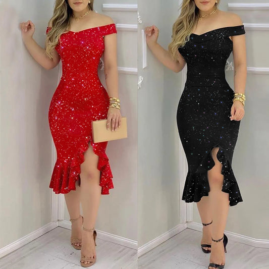 LVSANW Women's Fashion Sexy Summer Off Shoulder  Short Sleeve Sequin Ruffle Irregular Dresses