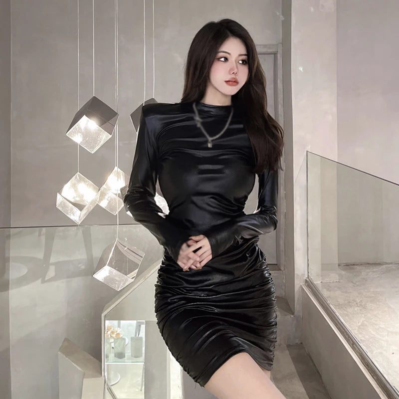 LVSANW Women's Fashion Temperament PU Leather Long Sleeves Dress Slim Sexy Versatile Bodycon Dress