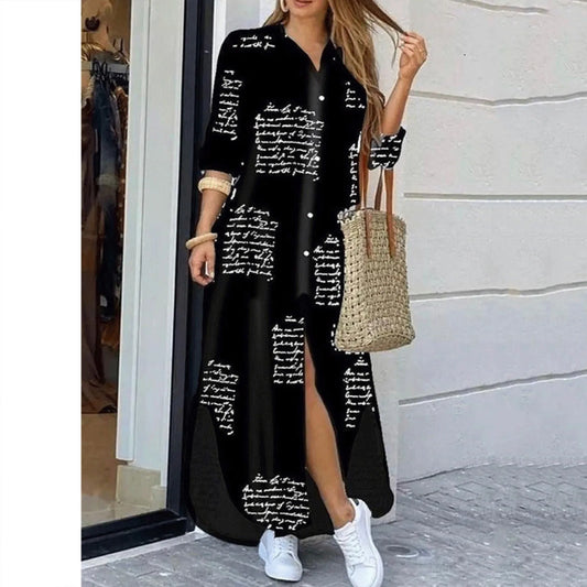 LVSANW Women's Fashionable Flip Collar Long Sleeved Buttons Sexy Split Shirt Long Skirts Ladies Loose Casual Dresses