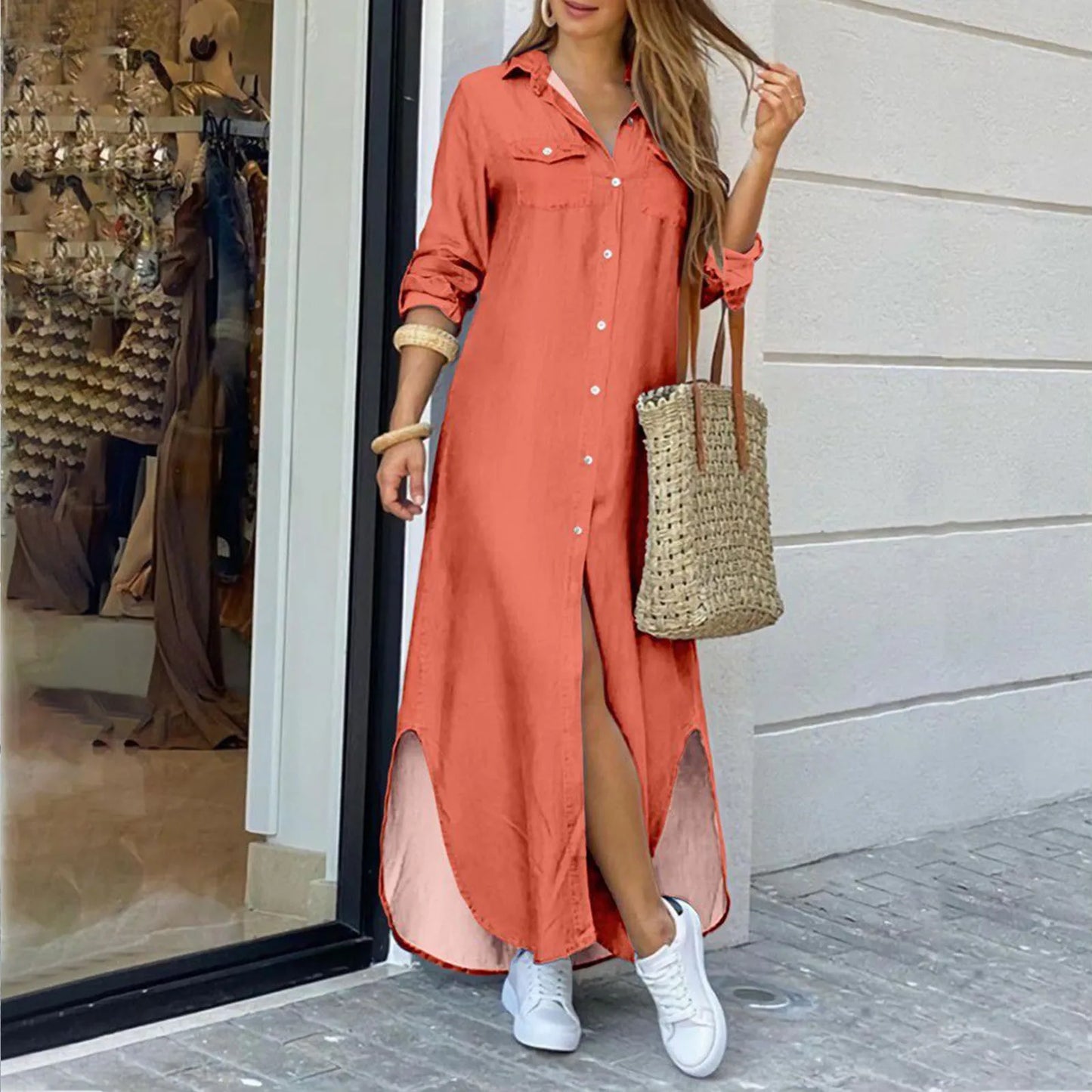 LVSANW Women's Fashionable Flip Collar Long Sleeved Buttons Sexy Split Shirt Long Skirts Ladies Loose Casual Dresses