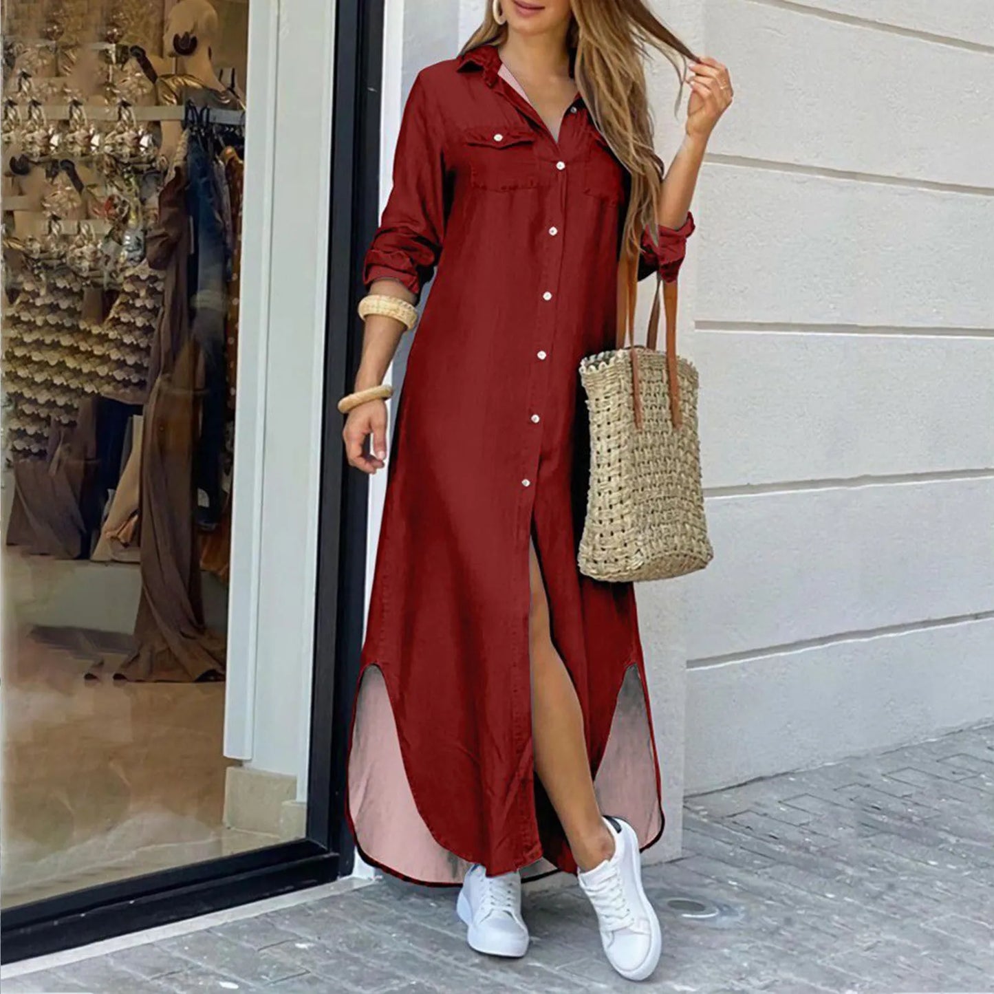 LVSANW Women's Fashionable Flip Collar Long Sleeved Buttons Sexy Split Shirt Long Skirts Ladies Loose Casual Dresses