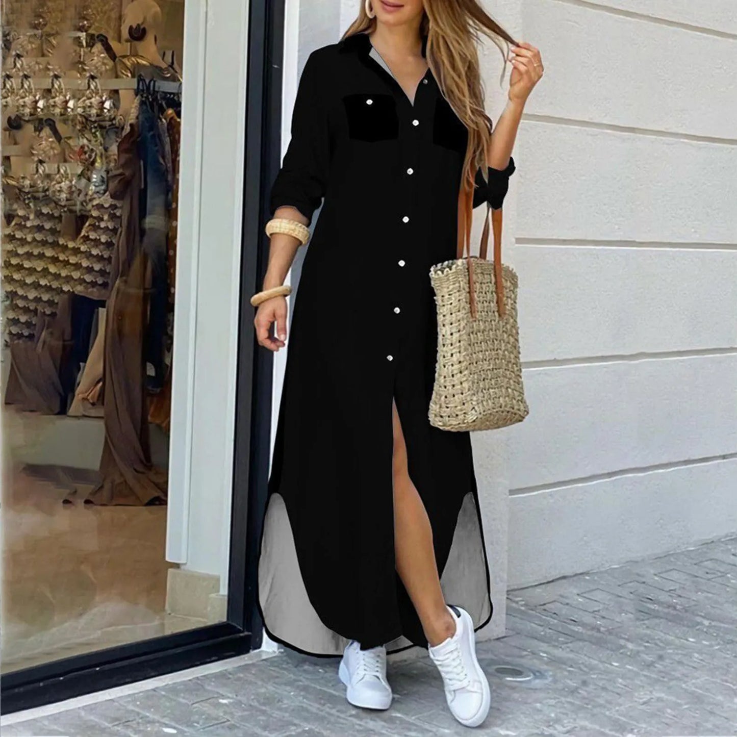 LVSANW Women's Fashionable Flip Collar Long Sleeved Buttons Sexy Split Shirt Long Skirts Ladies Loose Casual Dresses