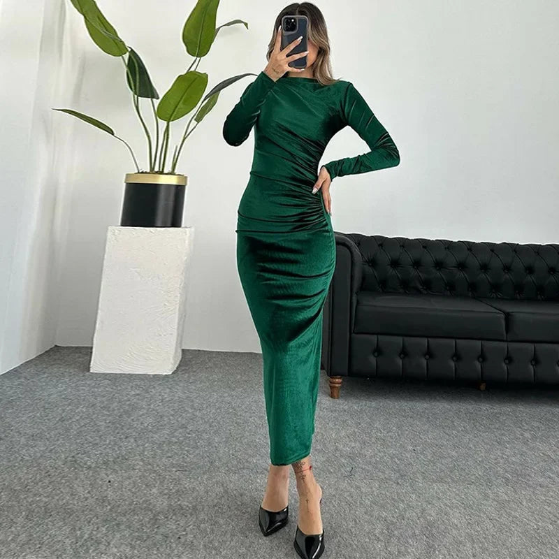 LVSANW Women's Fashionable Solid Color Long Sleeve Dress Gown For Autumn/Winter 2024 Slimming Smooth Round Neck Design Foreign Trade